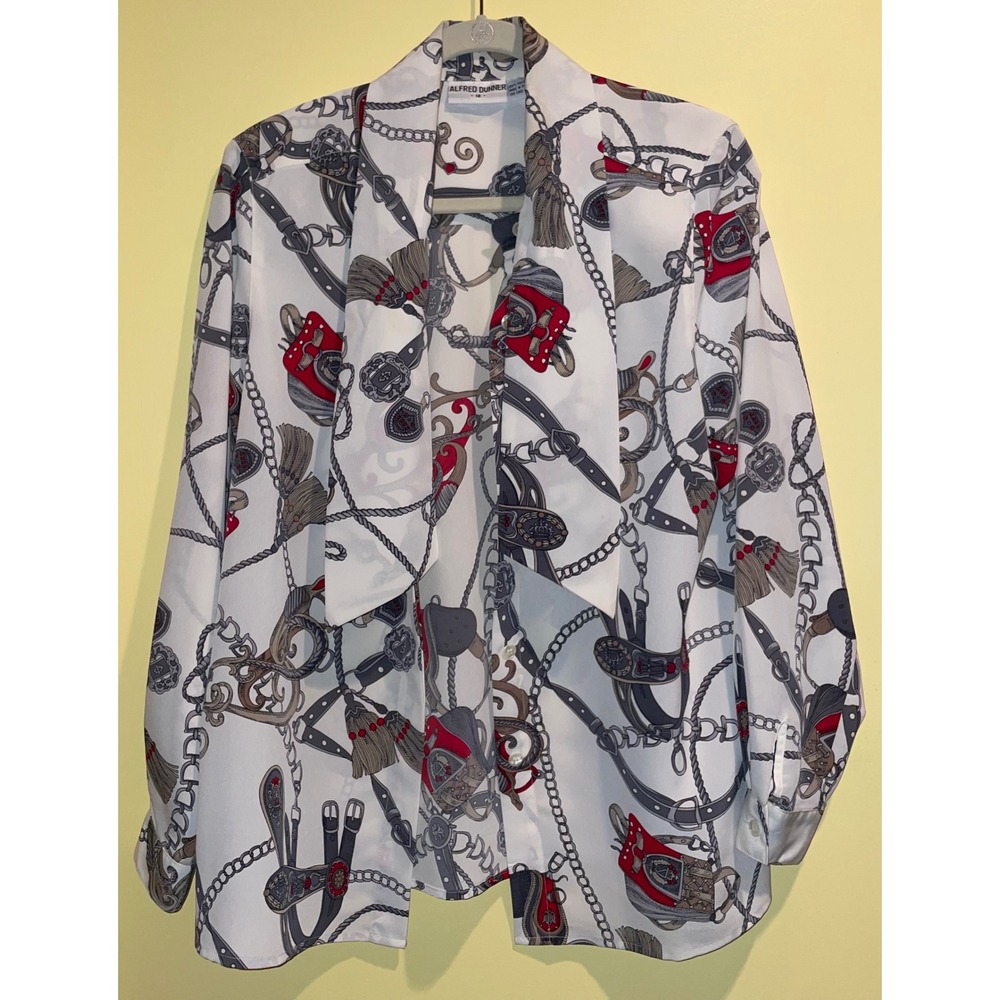 Alfred Dunner Womens White Red Equestrian Chain Print Button Front Blouse 12